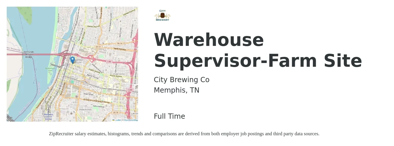 City Brewing Co job posting for a Warehouse Supervisor-Farm Site in Memphis, TN with a salary of $41,000 to $58,200 Yearly with a map of Memphis location.