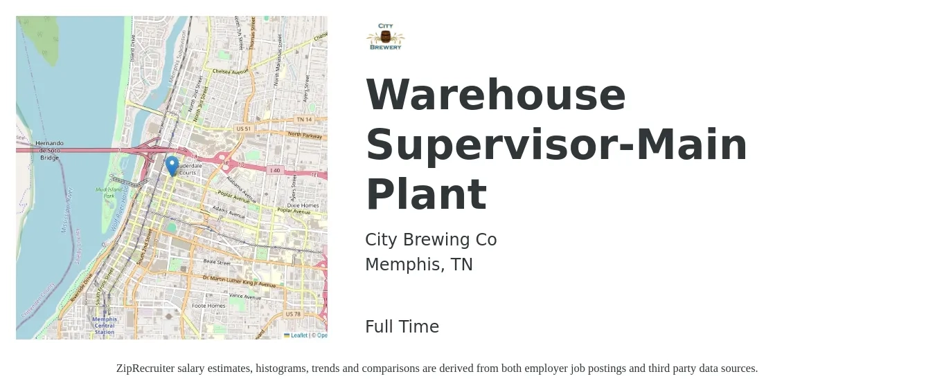 City Brewing Co job posting for a Warehouse Supervisor-Main Plant in Memphis, TN with a salary of $41,000 to $58,200 Yearly with a map of Memphis location.