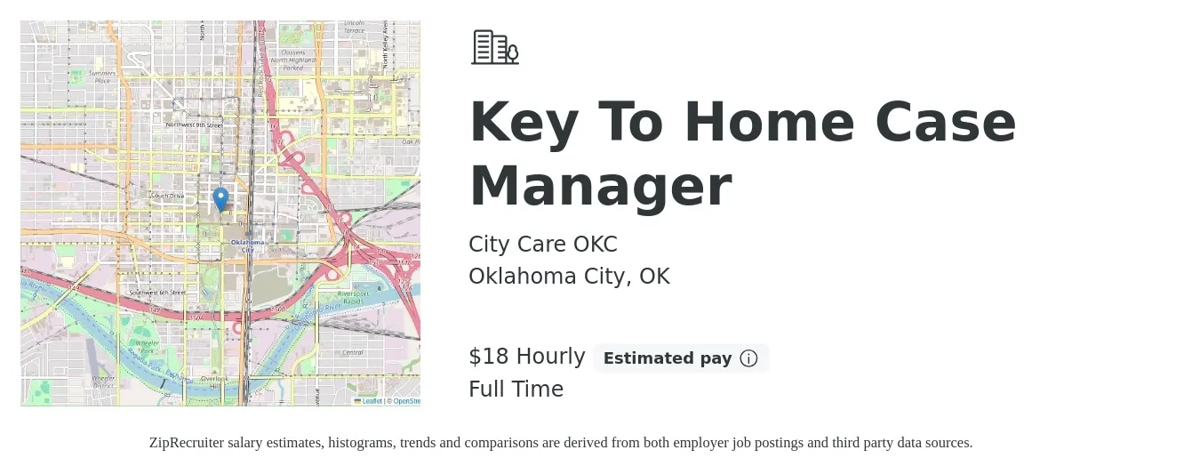 City Care OKC job posting for a Key To Home Case Manager in Oklahoma City, OK with a salary of $20 Hourly with a map of Oklahoma City location.