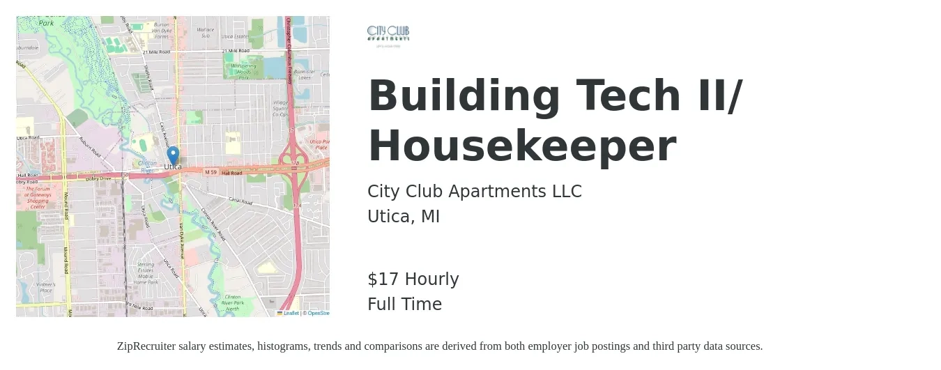 City Club Apartments LLC job posting for a Building Tech II/ Housekeeper in Utica, MI with a salary of $18 Hourly with a map of Utica location.