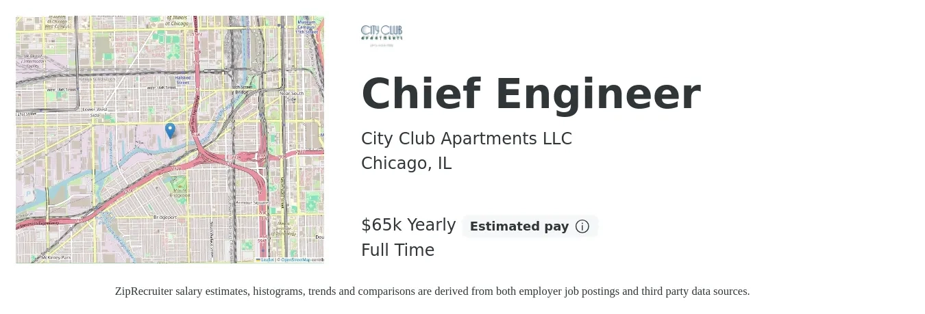 City Club Apartments job posting for a Chief Engineer in Chicago, IL with a salary of $65,000 Yearly with a map of Chicago location.