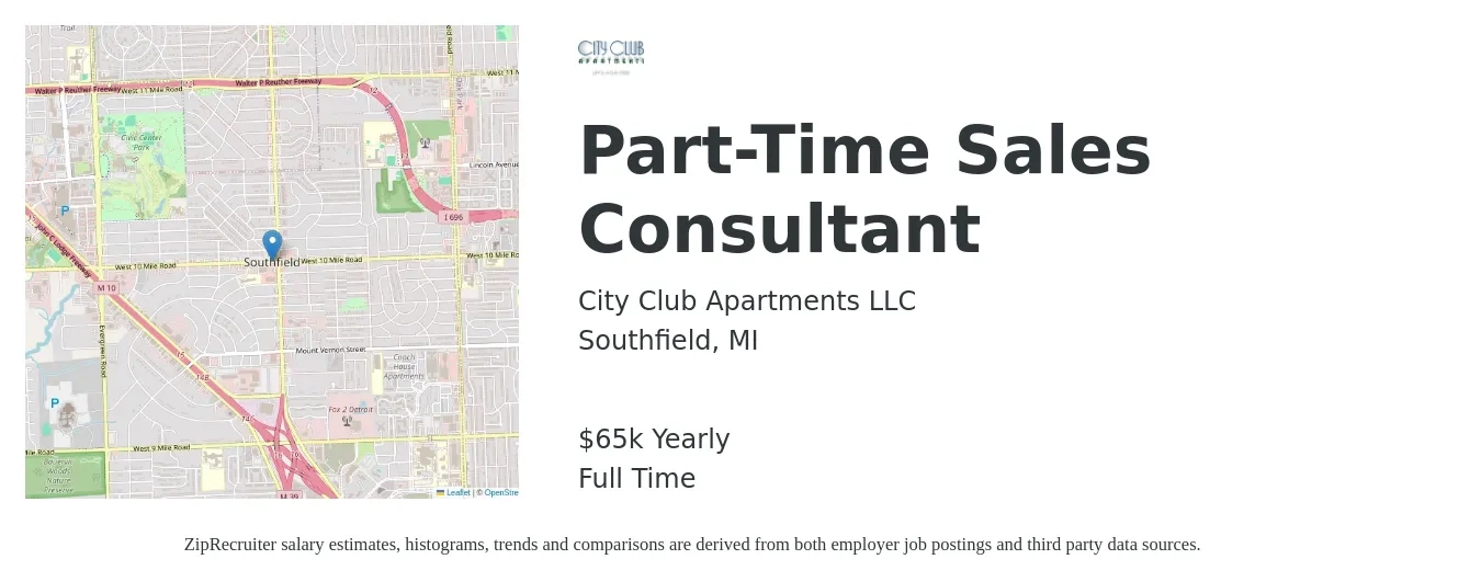 City Club Apartments LLC job posting for a Part-Time Sales Consultant in Southfield, MI with a salary of $65,000 Yearly with a map of Southfield location.