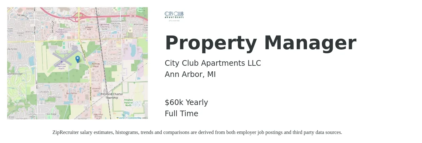 City Club Apartments LLC job posting for a Property Manager in Ann Arbor, MI with a salary of $60,000 Yearly with a map of Ann Arbor location.