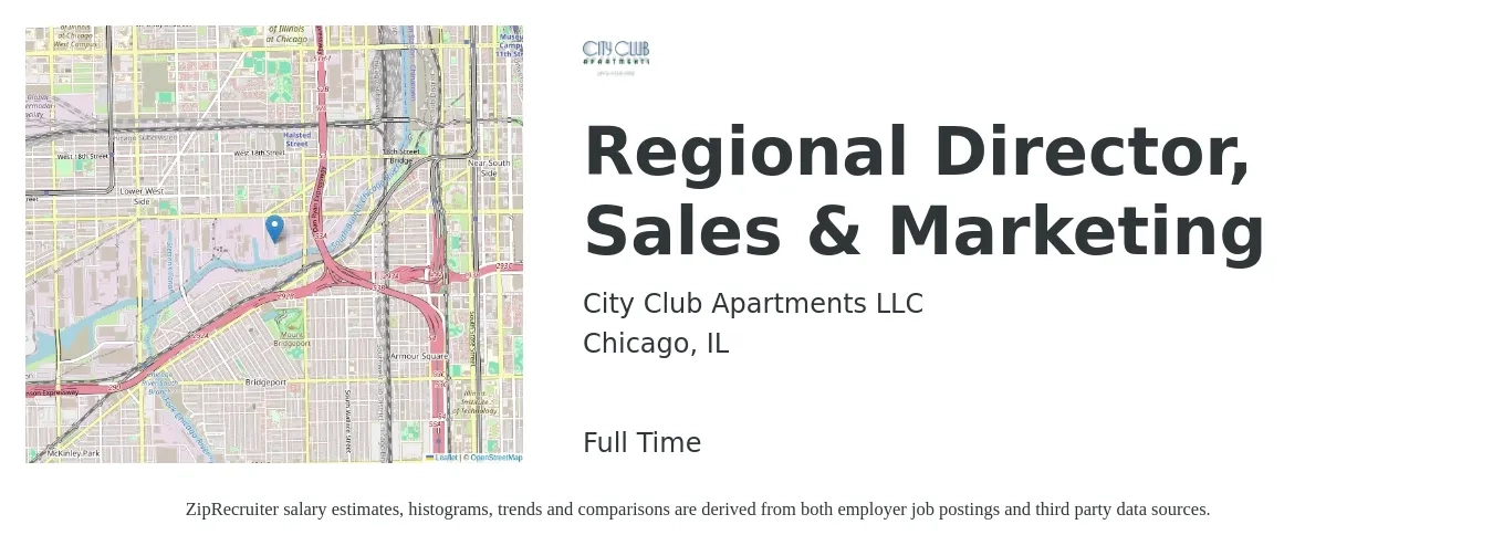 City Club Apartments LLC job posting for a Regional Director, Sales & Marketing in Chicago, IL with a salary of $93,800 to $146,400 Yearly with a map of Chicago location.