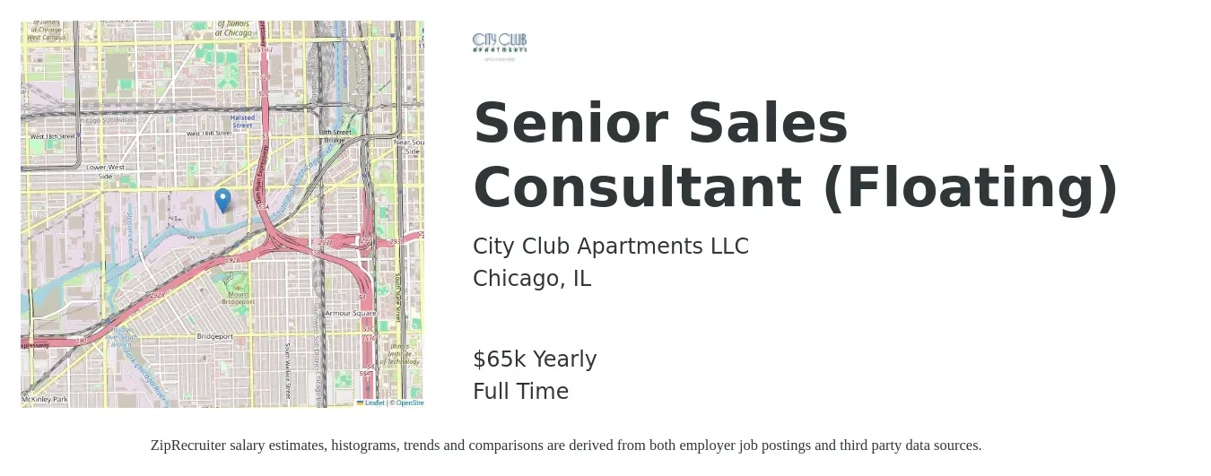 City Club Apartments LLC job posting for a Senior Sales Consultant (Floating) in Chicago, IL with a salary of $65,000 Yearly with a map of Chicago location.
