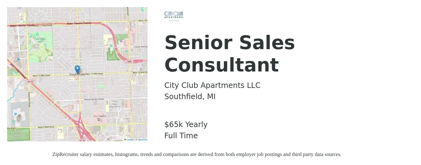City Club Apartments LLC job posting for a Senior Sales Consultant in Southfield, MI with a salary of $65,000 Yearly with a map of Southfield location.