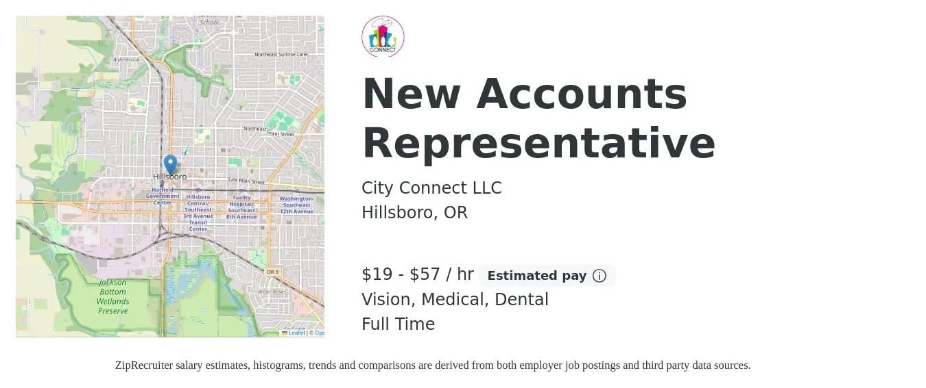 City Connect LLC job posting for a New Accounts Representative in Hillsboro, OR with a salary of $20 to $60 Hourly (plus commission) and benefits including dental, medical, pto, retirement, and vision with a map of Hillsboro location.
