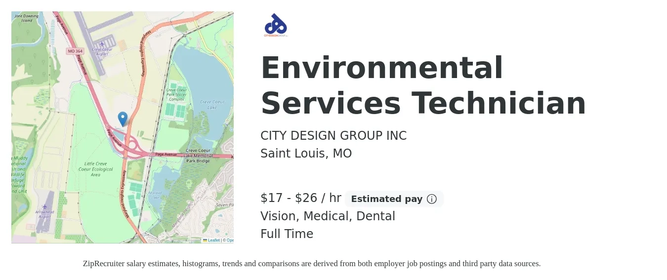 CITY DESIGN GROUP INC job posting for a Environmental Services Technician in Saint Louis, MO with a salary of $18 to $28 Hourly and benefits including dental, life_insurance, medical, pto, and vision with a map of Saint Louis location.