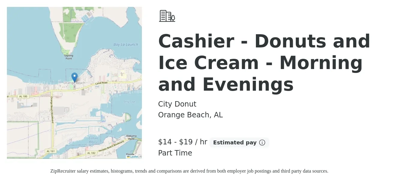 City Donut job posting for a Cashier - Donuts and Ice Cream - Morning and Evenings in Orange Beach, AL with a salary of $15 to $20 Hourly with a map of Orange Beach location.