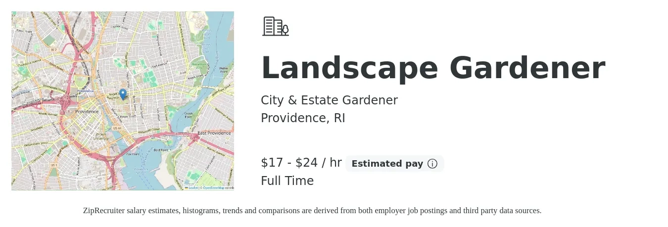 City & Estate Gardener job posting for a Landscape Gardener in Providence, RI with a salary of $18 to $25 Hourly with a map of Providence location.