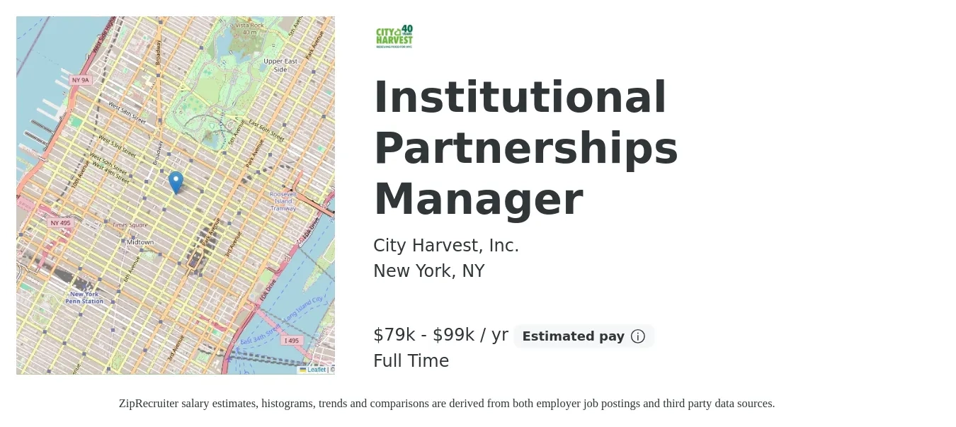 City Harvest, Inc. job posting for a Institutional Partnerships Manager in New York, NY with a salary of $79,400 to $99,300 Yearly with a map of New York location.