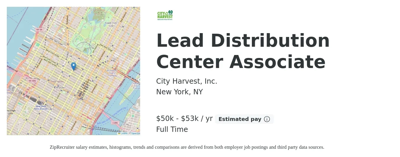 City Harvest, Inc. job posting for a Lead Distribution Center Associate in New York, NY with a salary of $50,000 to $53,000 Yearly with a map of New York location.