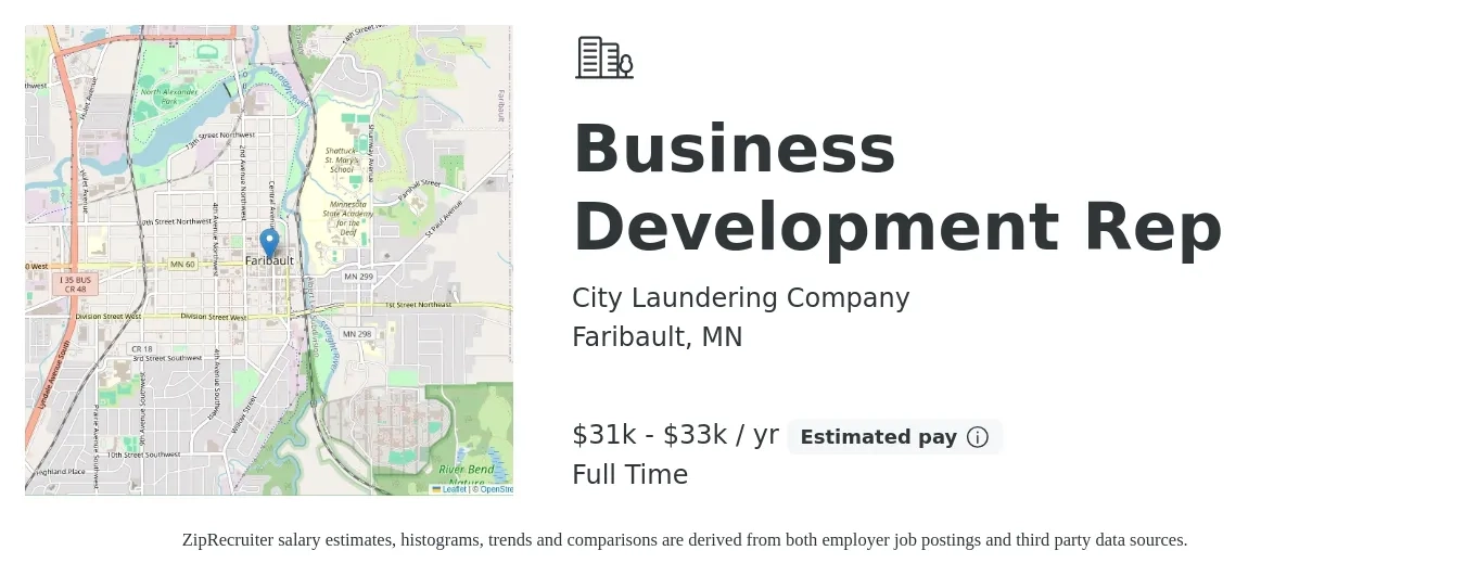 City Laundering Company job posting for a Business Development Rep in Faribault, MN with a salary of $46,200 to $71,800 Yearly with a map of Faribault location.