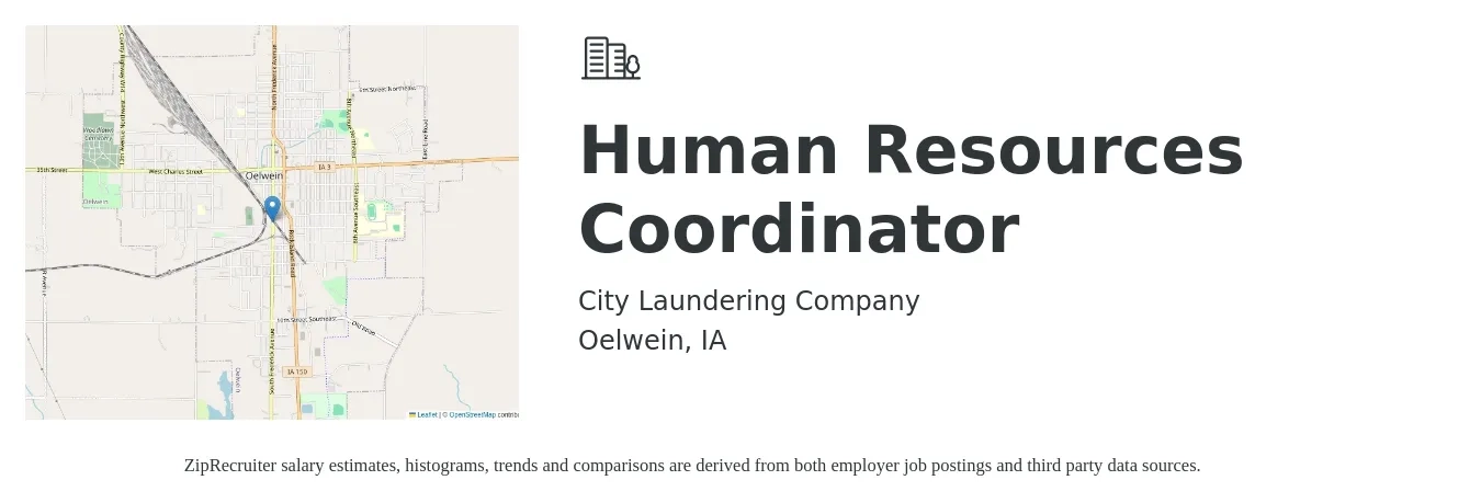 City Laundering Company job posting for a Human Resources Coordinator in Oelwein, IA with a salary of $15 to $17 Hourly with a map of Oelwein location.