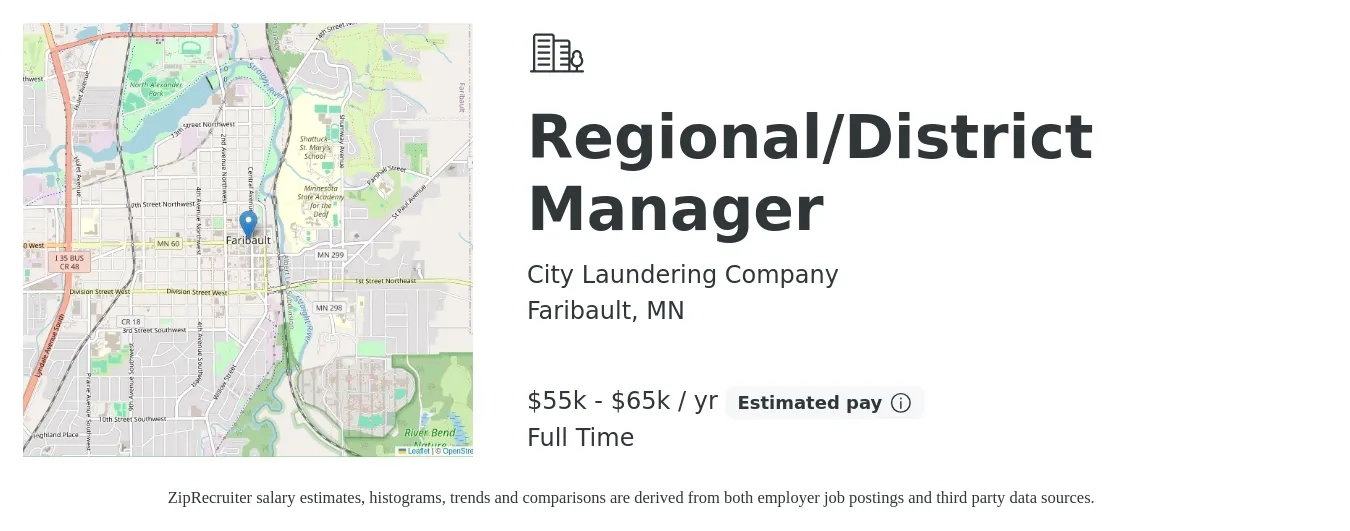City Laundering Company job posting for a Regional/District Manager in Faribault, MN with a salary of $66,200 to $94,400 Yearly with a map of Faribault location.