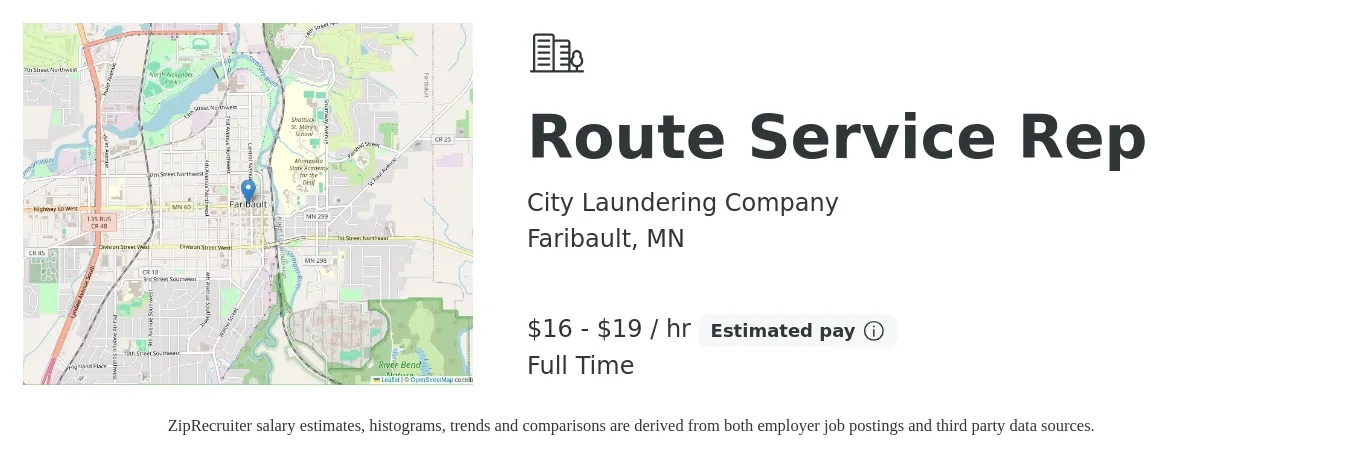 City Laundering Company job posting for a Route Service Rep in Faribault, MN with a salary of $17 to $20 Hourly with a map of Faribault location.