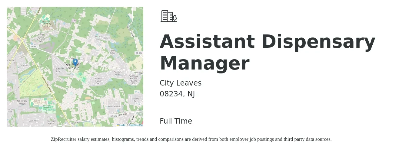 City Leaves job posting for a Assistant Dispensary Manager in 08234, NJ with a salary of $16 to $22 Hourly with a map of 08234 location.