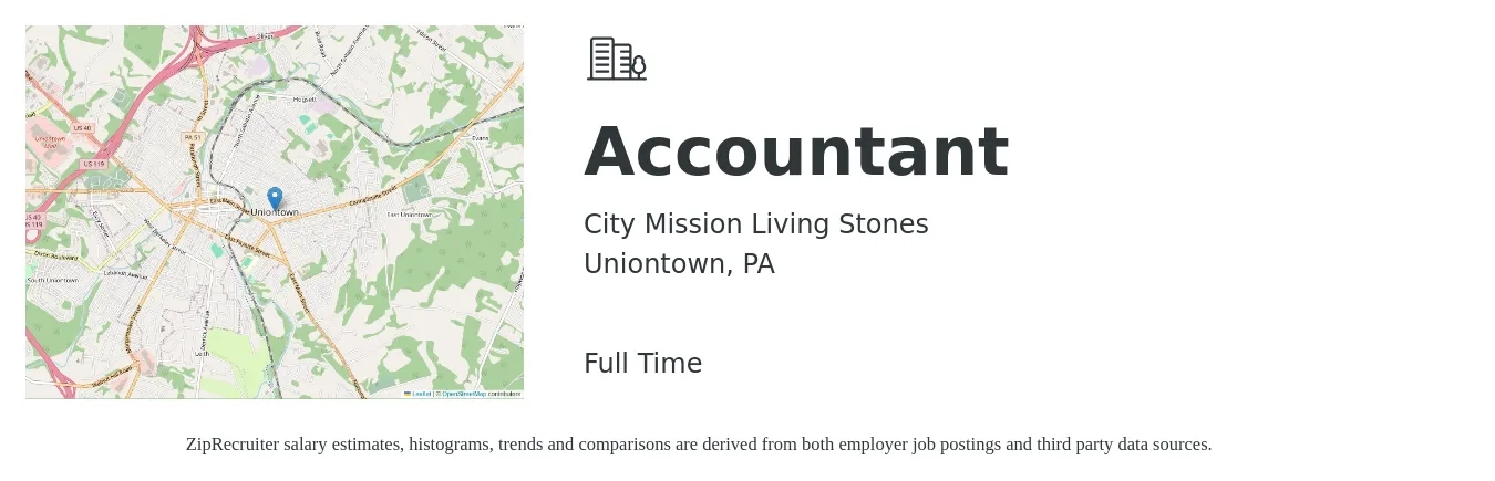 City Mission Living Stones job posting for a Accountant in Uniontown, PA with a salary of $49,900 to $73,200 Yearly with a map of Uniontown location.