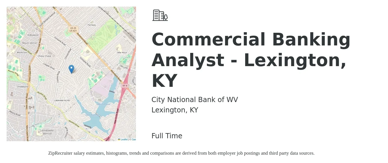 City National Bank of WV job posting for a Commercial Banking Analyst - Lexington, KY in Lexington, KY with a salary of $26 to $46 Hourly with a map of Lexington location.