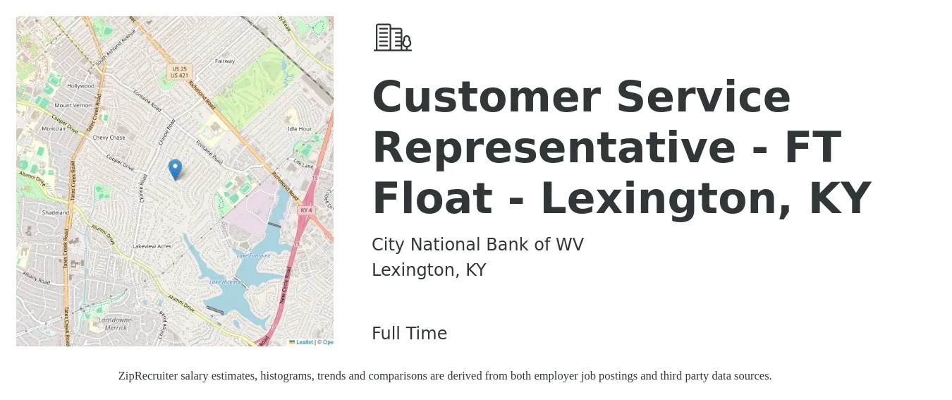 City National Bank of WV job posting for a Customer Service Representative - FT Float - Lexington, KY in Lexington, KY with a salary of $14 to $19 Hourly with a map of Lexington location.