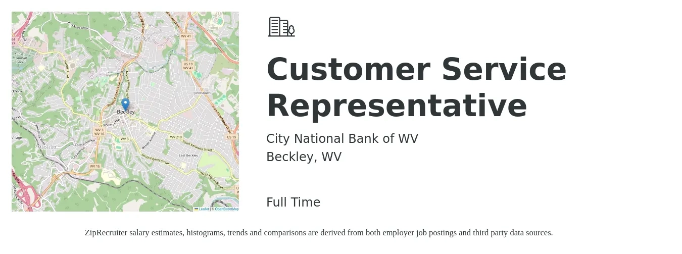 City National Bank of WV job posting for a Customer Service Representative in Beckley, WV with a salary of $16 to $22 Hourly with a map of Beckley location.