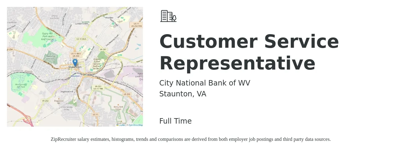 City National Bank of WV job posting for a Customer Service Representative in Staunton, VA with a salary of $16 to $21 Hourly with a map of Staunton location.