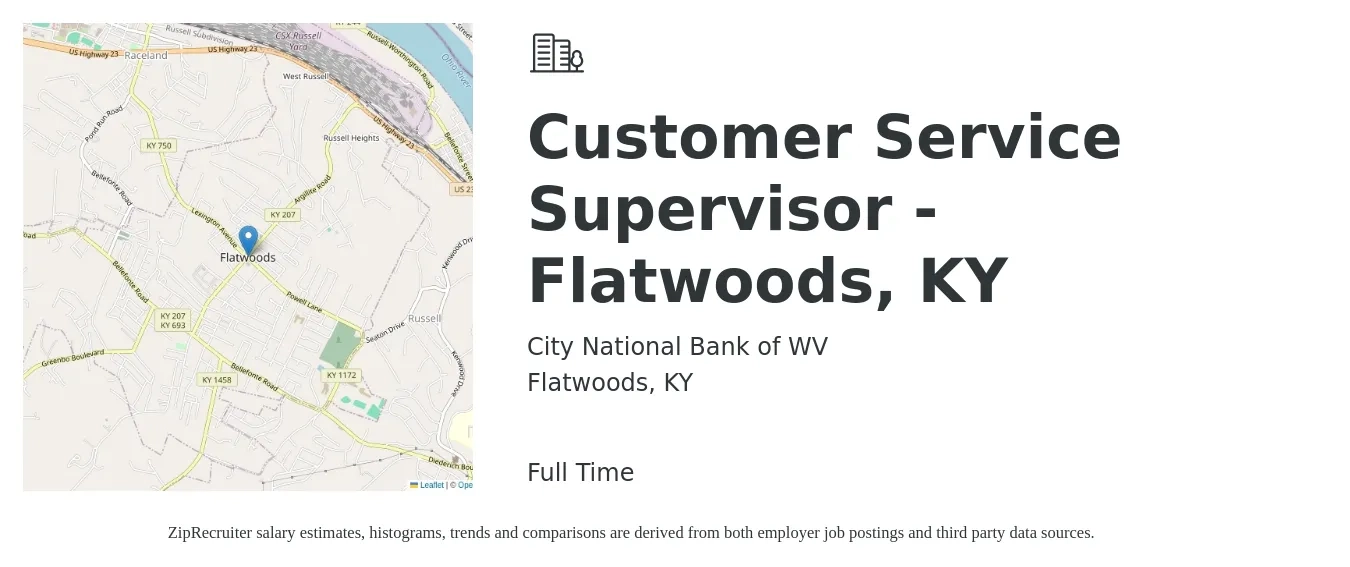 City National Bank of WV job posting for a Customer Service Supervisor - Flatwoods, KY in Flatwoods, KY with a salary of $32,000 to $54,600 Yearly with a map of Flatwoods location.