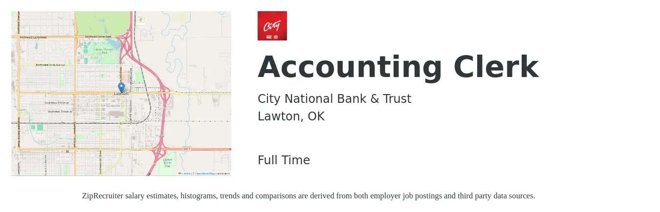 City National Bank & Trust job posting for a Accounting Clerk in Lawton, OK with a salary of $14 to $18 Hourly with a map of Lawton location.