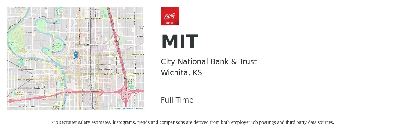City National Bank & Trust job posting for a MIT in Wichita, KS with a salary of $34,200 to $52,500 Yearly with a map of Wichita location.
