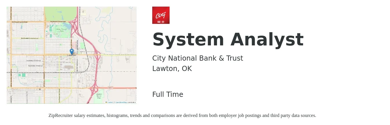 City National Bank & Trust job posting for a System Analyst in Lawton, OK with a salary of $56,900 to $93,200 Yearly with a map of Lawton location.