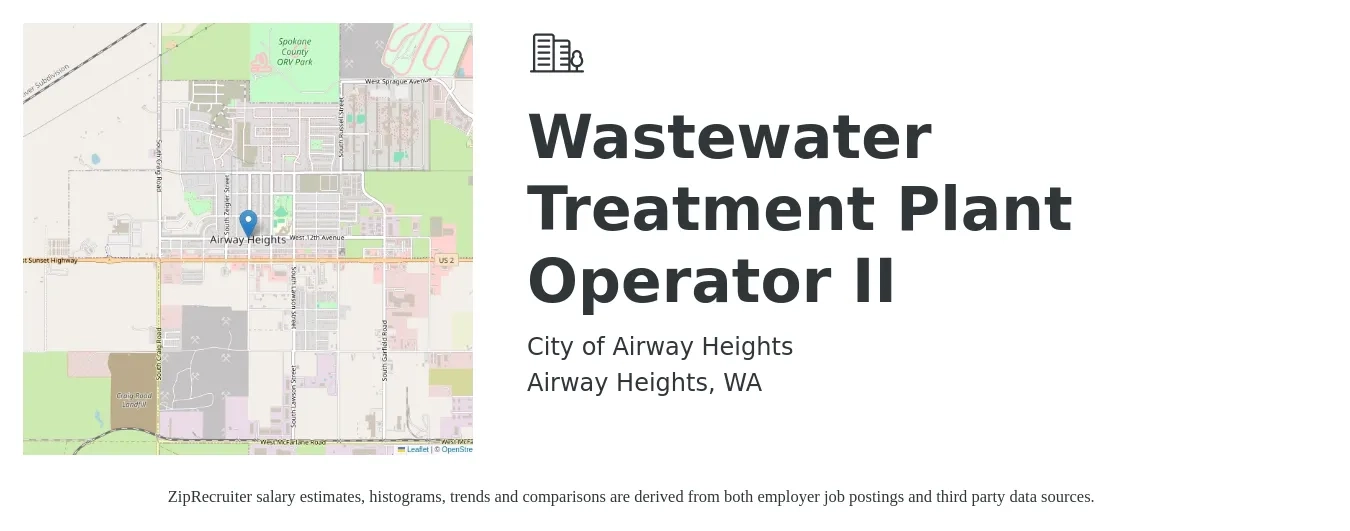 City of Airway Heights job posting for a Wastewater Treatment Plant Operator II in Airway Heights, WA with a salary of $5,239 to $6,073 Monthly with a map of Airway Heights location.