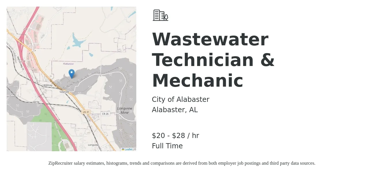 City of Alabaster job posting for a Wastewater Technician & Mechanic in Alabaster, AL with a salary of $21 to $29 Yearly with a map of Alabaster location.