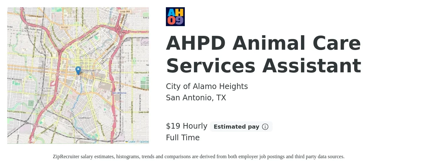 City of Alamo Heights job posting for a AHPD Animal Care Services Assistant in San Antonio, TX with a salary of $20 Hourly with a map of San Antonio location.