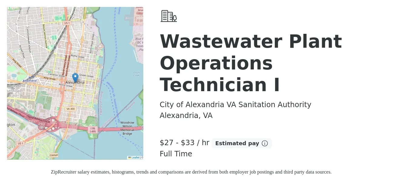 City of Alexandria VA Sanitation Authority job posting for a Wastewater Plant Operations Technician I in Alexandria, VA with a salary of $29 to $35 Hourly with a map of Alexandria location.