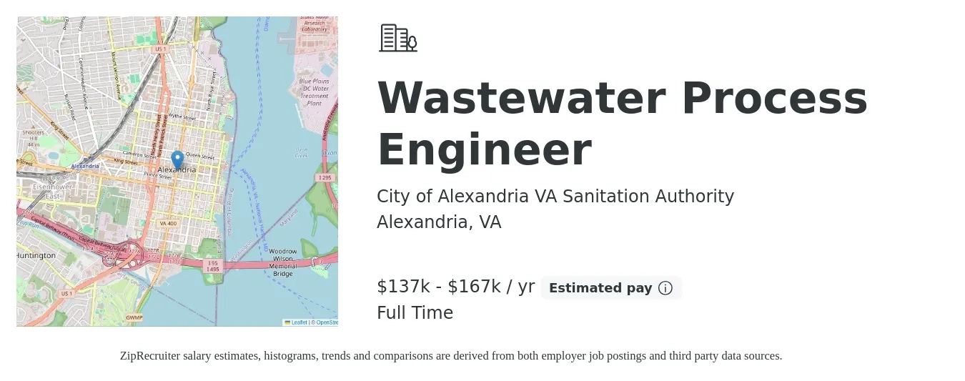 City of Alexandria VA Sanitation Authority job posting for a Wastewater Process Engineer in Alexandria, VA with a salary of $137,500 to $167,500 Yearly with a map of Alexandria location.