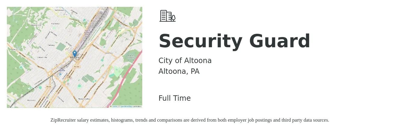 City of Altoona job posting for a Security Guard in Altoona, PA with a salary of $16 to $19 Hourly with a map of Altoona location.