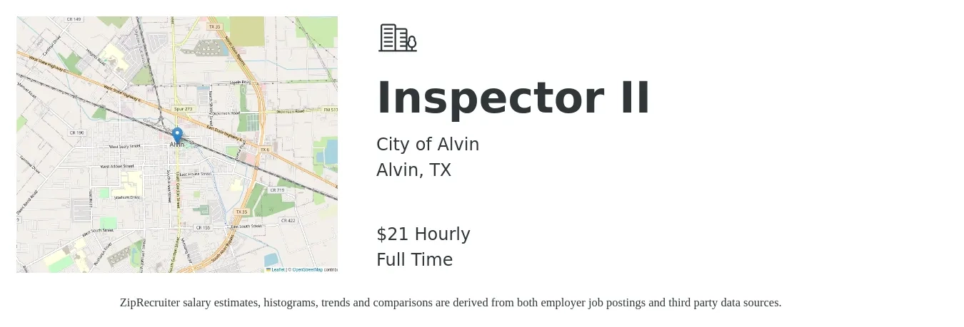 City of Alvin job posting for a Inspector II in Alvin, TX with a salary of $22 Hourly with a map of Alvin location.