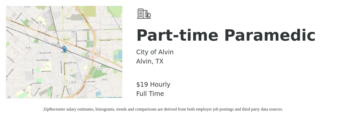 City of Alvin job posting for a Part-time Paramedic in Alvin, TX with a salary of $20 Hourly with a map of Alvin location.