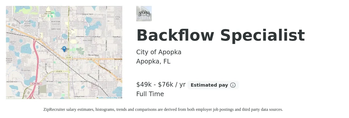 City of Apopka job posting for a Backflow Specialist in Apopka, FL with a salary of $22 to $30 Hourly with a map of Apopka location.