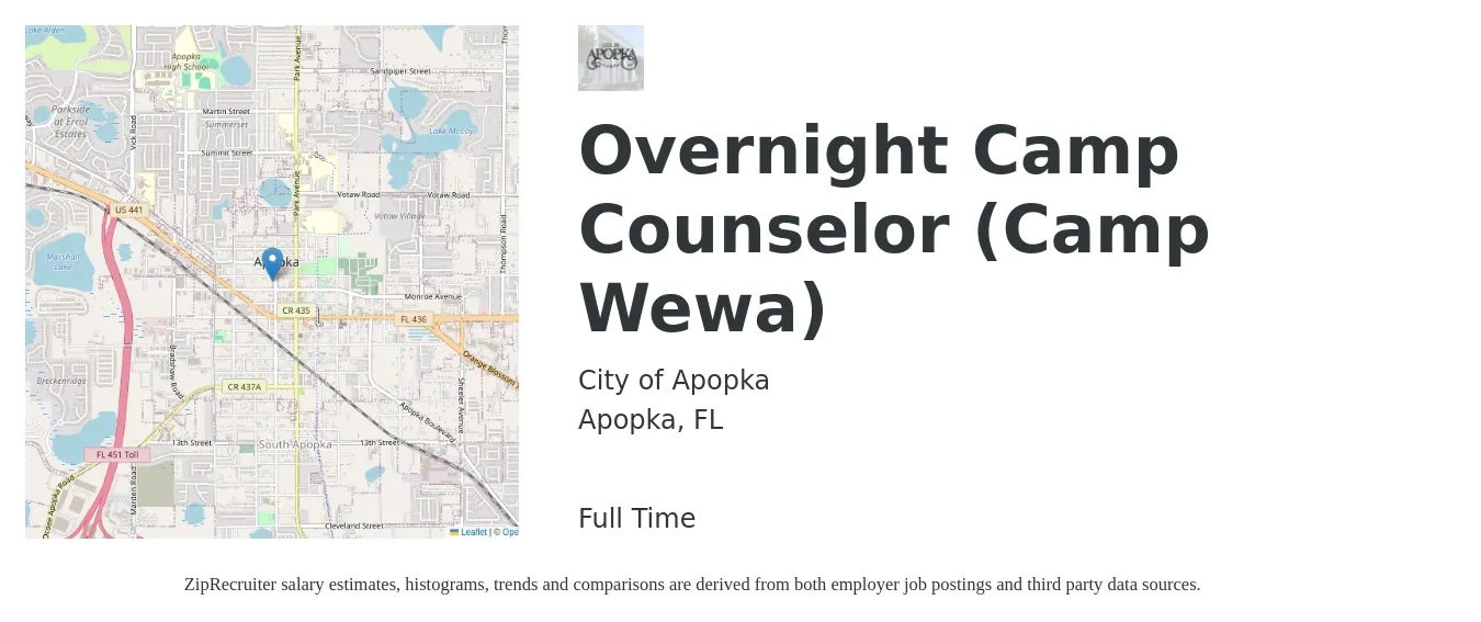 City of Apopka job posting for a Overnight Camp Counselor (Camp Wewa) in Apopka, FL with a salary of $480 to $560 Weekly with a map of Apopka location.