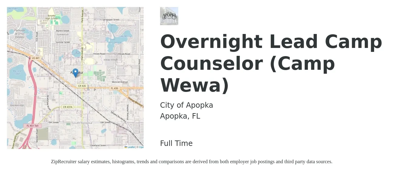 City of Apopka job posting for a Overnight Lead Camp Counselor (Camp Wewa) in Apopka, FL with a salary of $560 to $640 Weekly with a map of Apopka location.