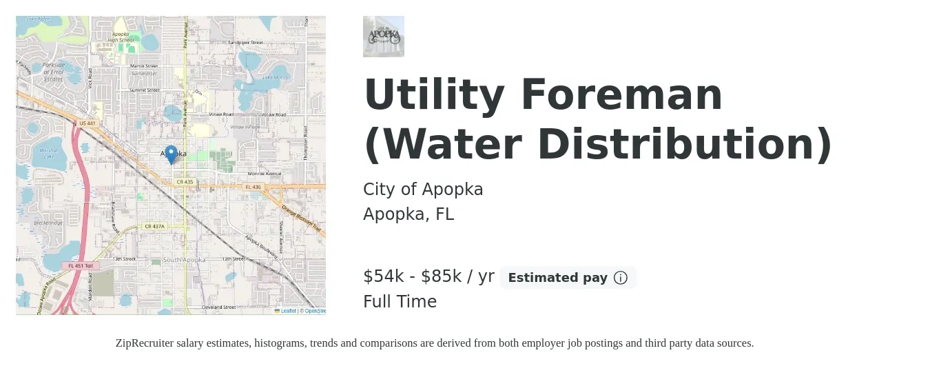 City of Apopka job posting for a Utility Foreman (Water Distribution) in Apopka, FL with a salary of $54,318 to $85,751 Yearly with a map of Apopka location.