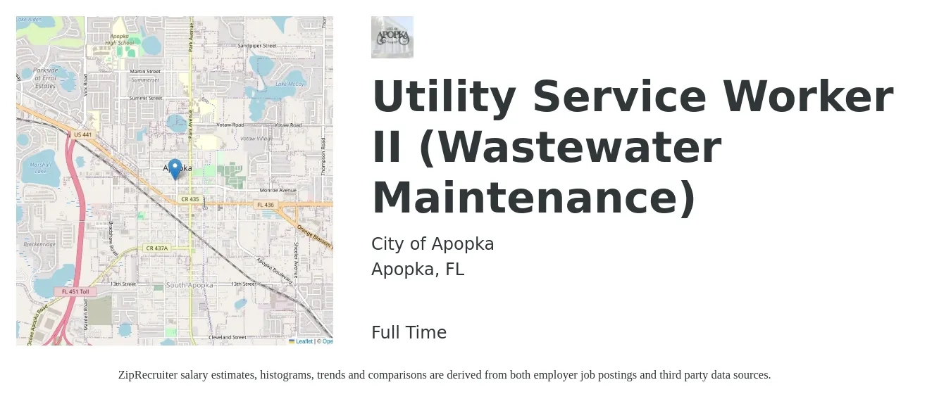 City of Apopka job posting for a Utility Service Worker II (Wastewater Maintenance) in Apopka, FL with a salary of $41,184 to $63,440 Yearly with a map of Apopka location.