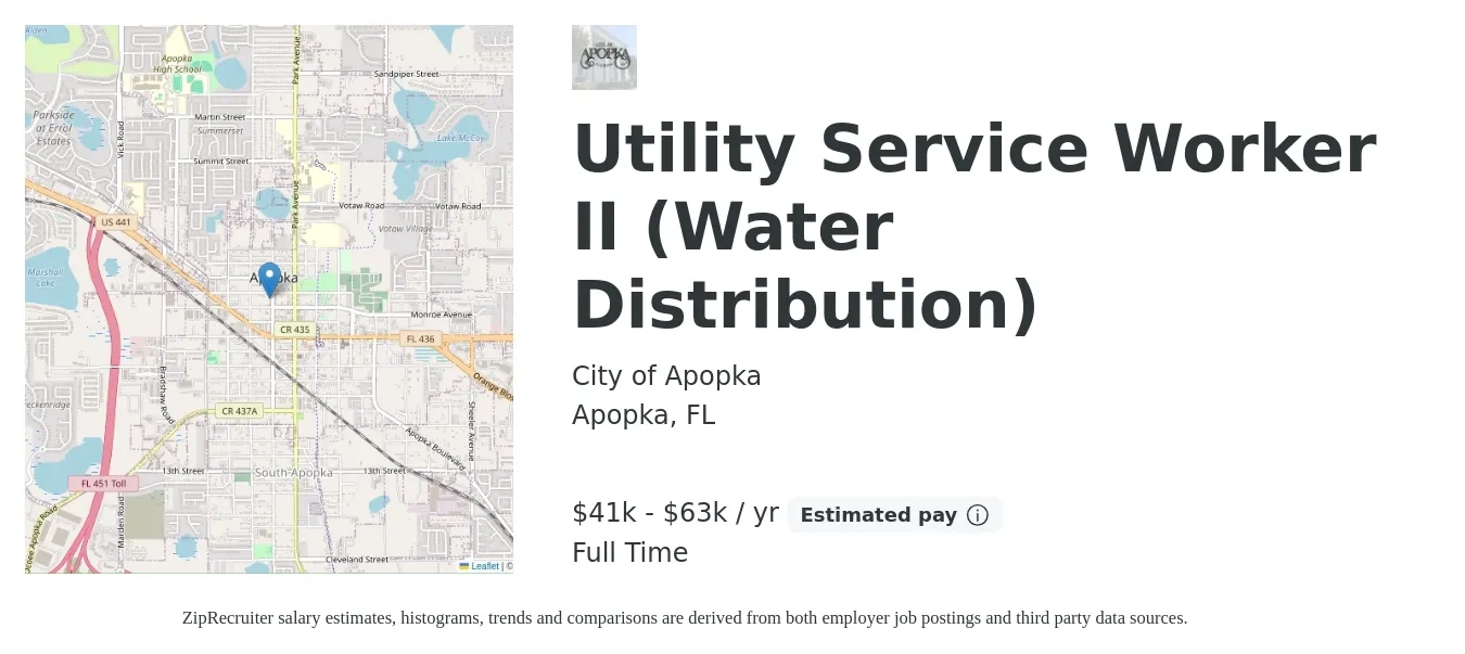 City of Apopka job posting for a Utility Service Worker II (Water Distribution) in Apopka, FL with a salary of $41,184 to $63,440 Yearly with a map of Apopka location.