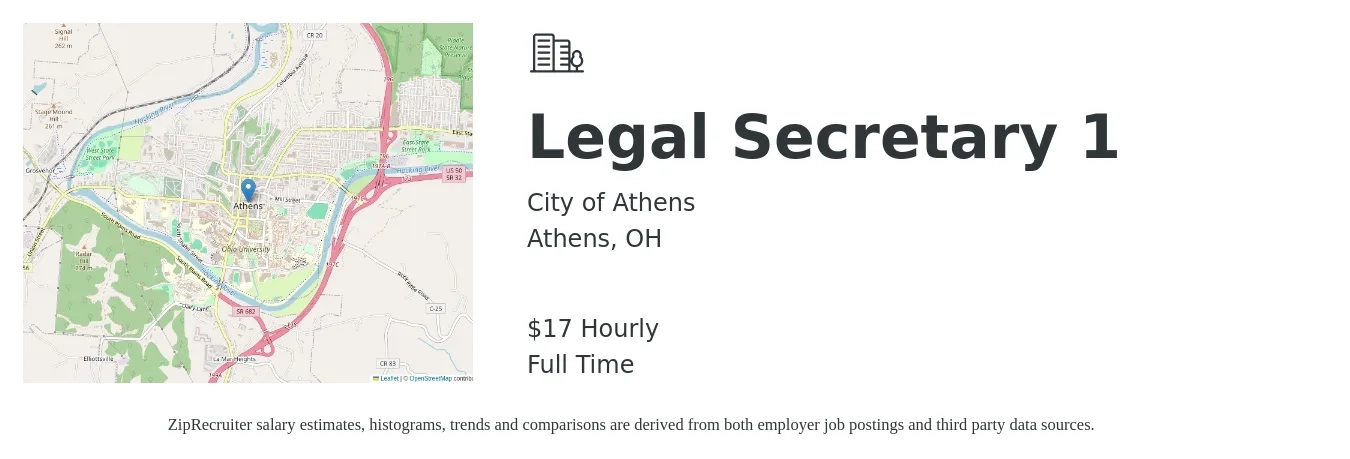 City of Athens job posting for a Legal Secretary 1 in Athens, OH with a salary of $18 Hourly with a map of Athens location.