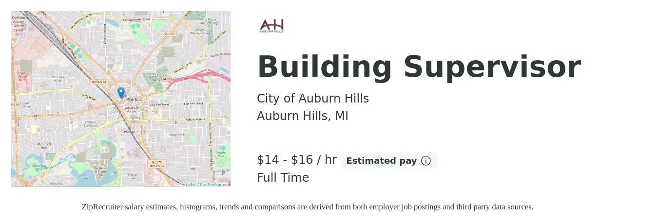 City of Auburn Hills job posting for a Building Supervisor in Auburn Hills, MI with a salary of $15 to $17 Hourly with a map of Auburn Hills location.