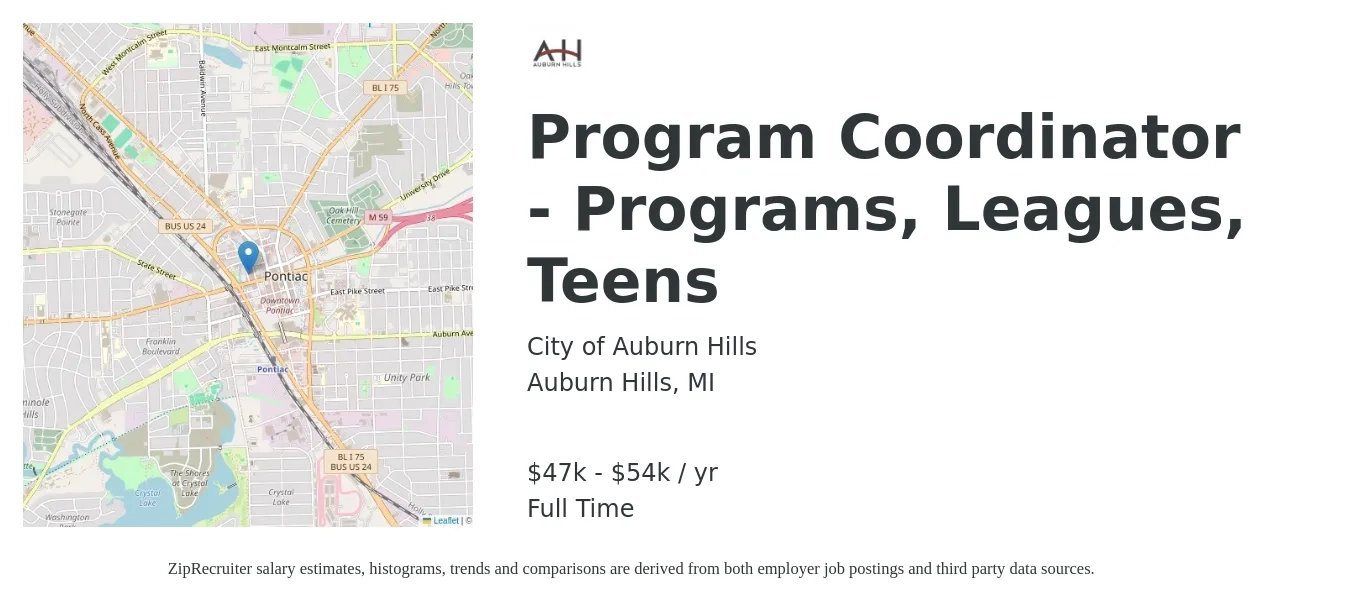 City of Auburn Hills job posting for a Program Coordinator - Programs, Leagues, Teens in Auburn Hills, MI with a salary of $47,000 to $54,000 Yearly with a map of Auburn Hills location.
