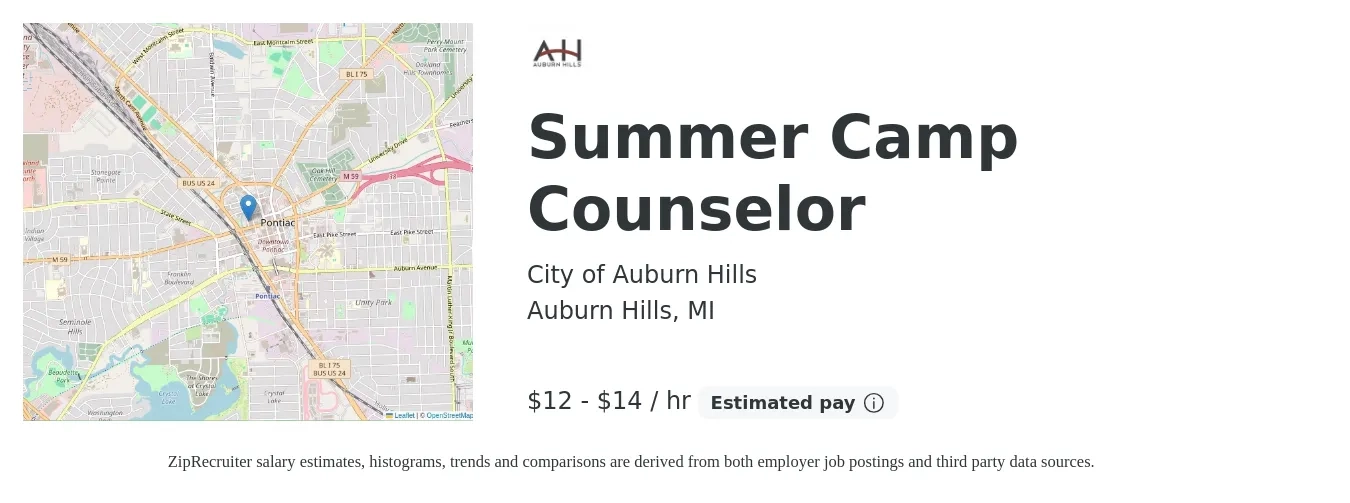 City of Auburn Hills job posting for a Summer Camp Counselor in Auburn Hills, MI with a salary of $14 to $16 Hourly with a map of Auburn Hills location.