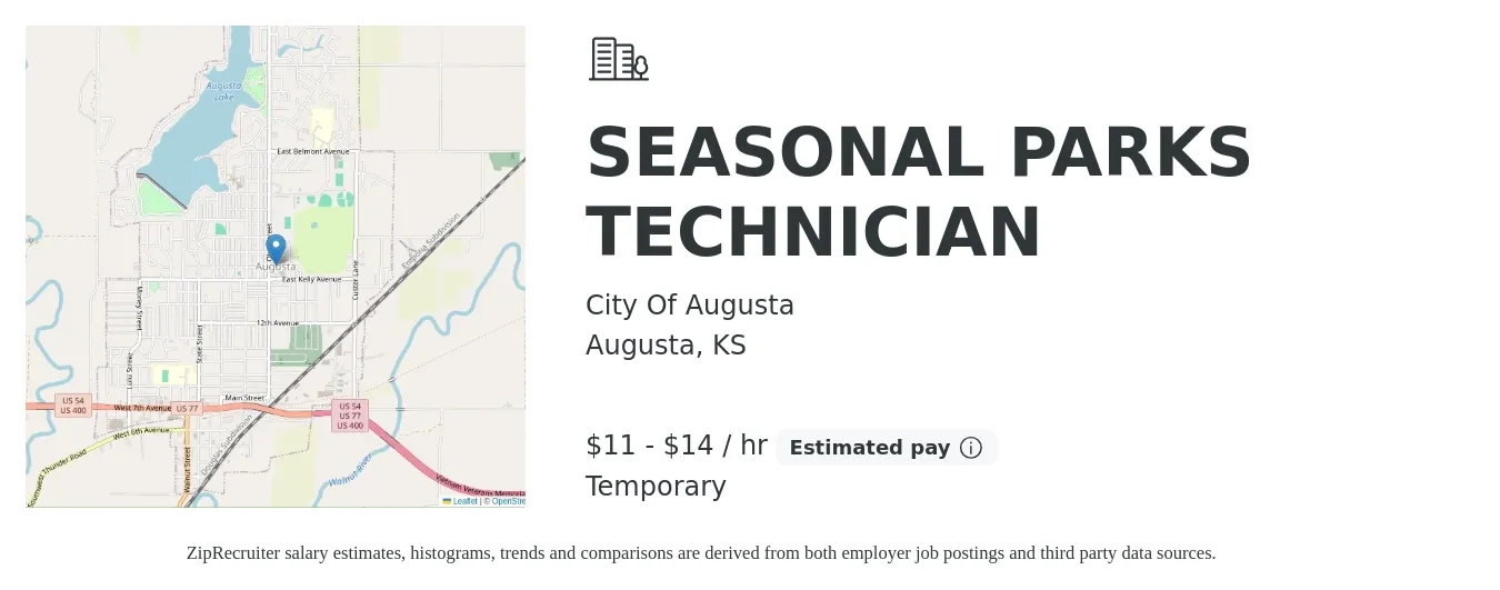 City Of Augusta job posting for a SEASONAL PARKS TECHNICIAN in Augusta, KS with a salary of $12 to $15 Hourly with a map of Augusta location.