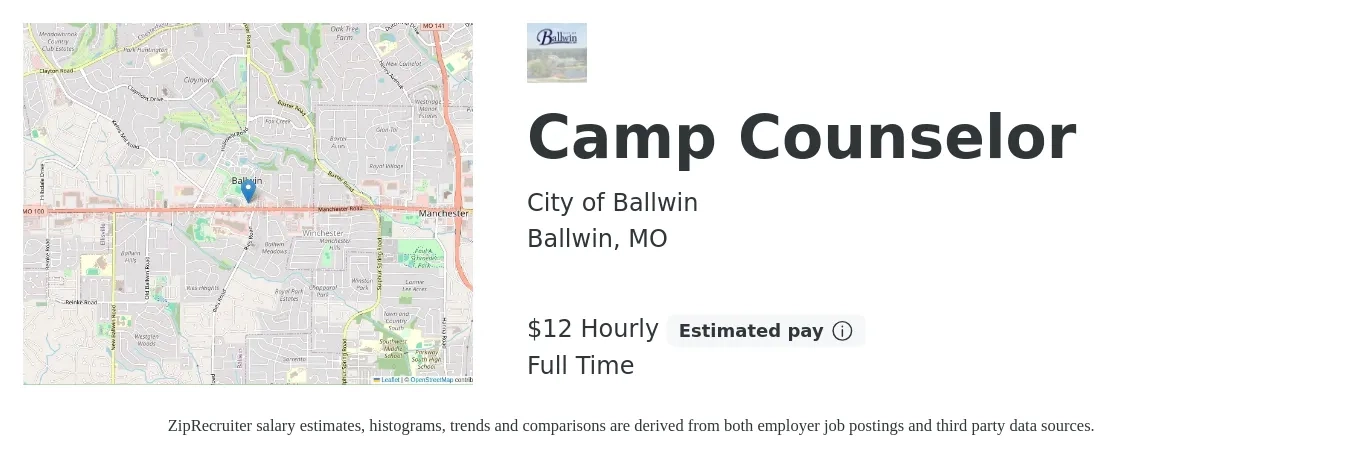 City of Ballwin job posting for a Camp Counselor in Ballwin, MO with a salary of $12 Hourly with a map of Ballwin location.